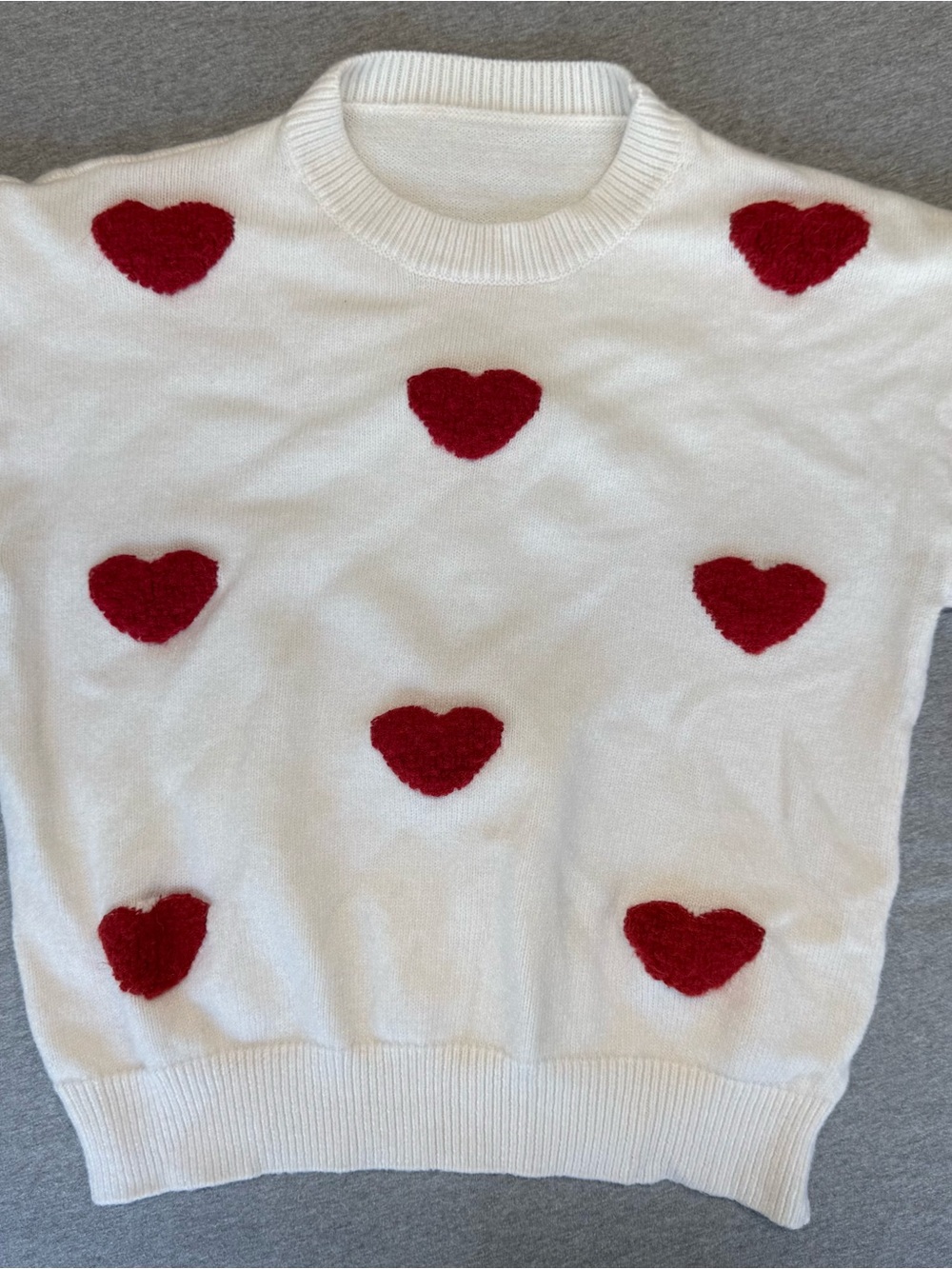 White Sweater with Red Heart Details - Women's Crewneck